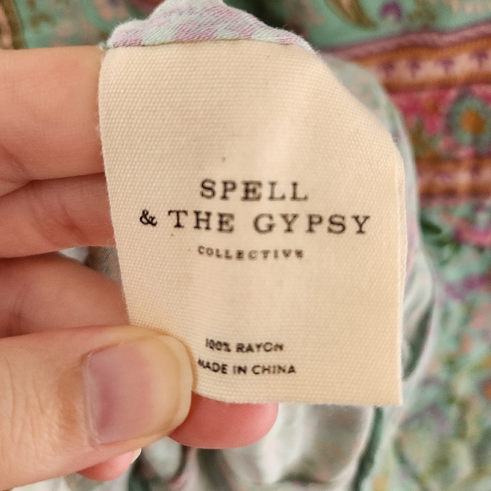 Spell And The Gypsy Paisley Print Ruffle Mini Dress Boho Chic Green Small - Picture 7 of 8